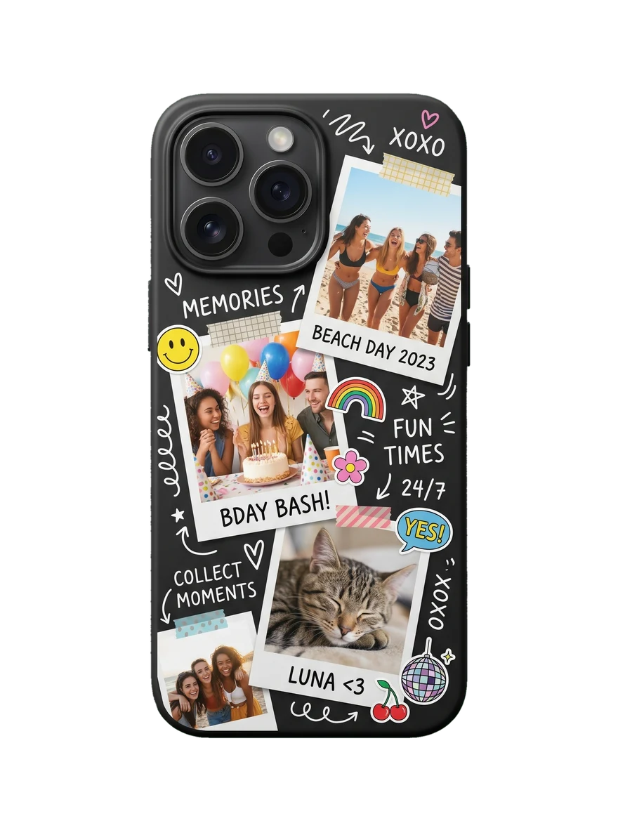 Custom phone case printed with a photo collage, doodles and stickers